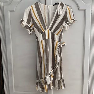 Sun dress, shirt sleeve , thigh waist. Zipper